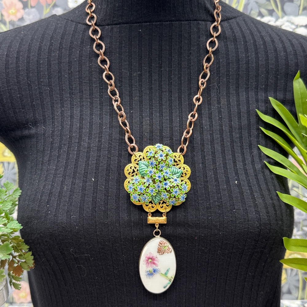 👑Adorned Crown Jewelry assemblage vintage blue rhinestone ceramic drop necklace